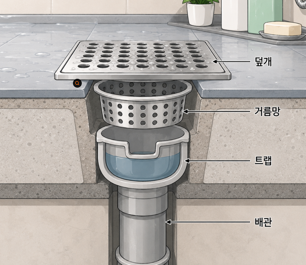 화장실 배수구의 덮개, 거름망, 트랩, 배관 구조를 보여주는 단면도