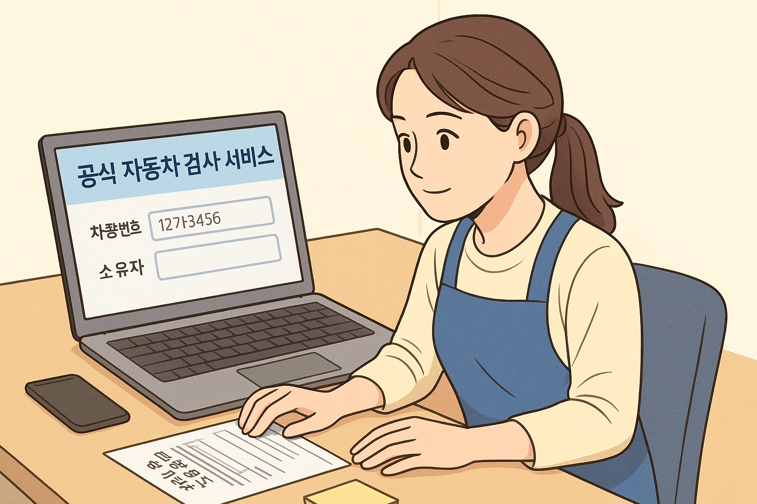 노트북과 차량등록증을 보며 검사기간 조회 정보를 입력하는 모습