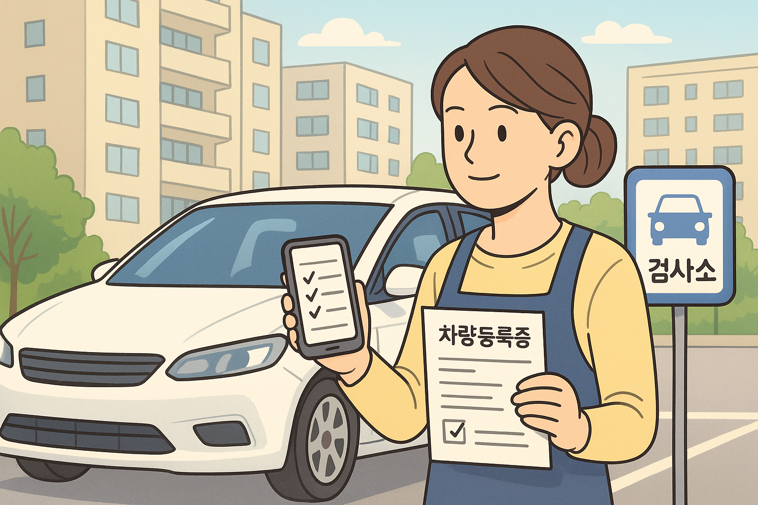 차량 앞에서 다음 자동차 검사 알림을 확인하는 모습