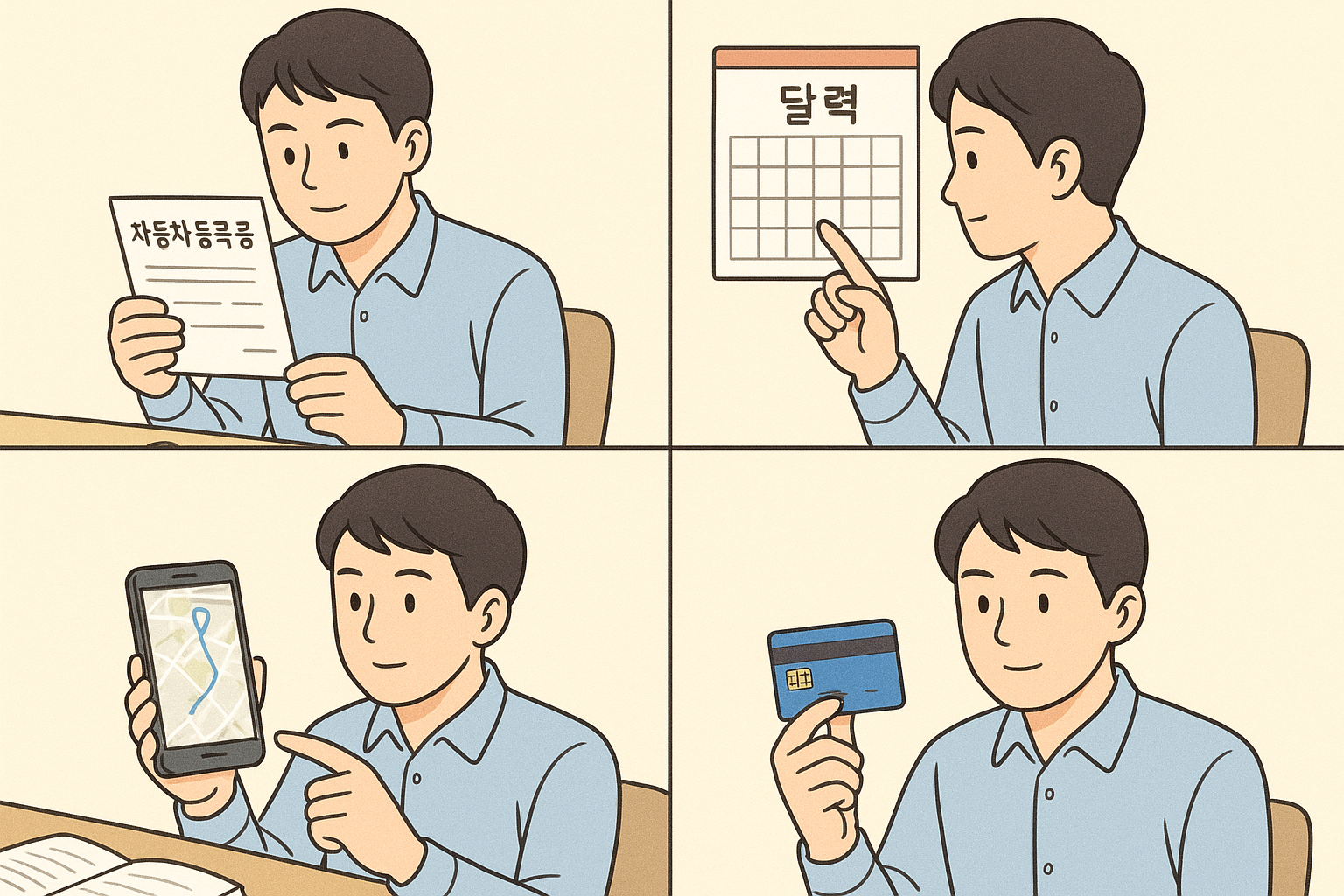 자동차 검사 예약 전에 등록증과 달력, 지도, 결제수단을 확인하는 4분할 장면