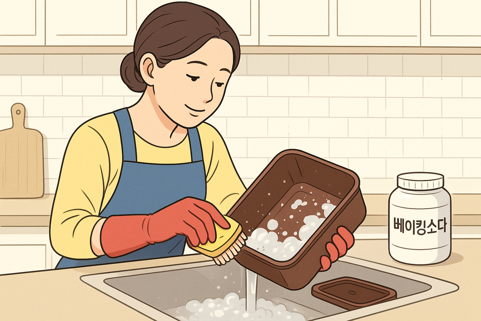 싱크대에서 김치통과 뚜껑 홈을 중성세제로 먼저 닦는 모습