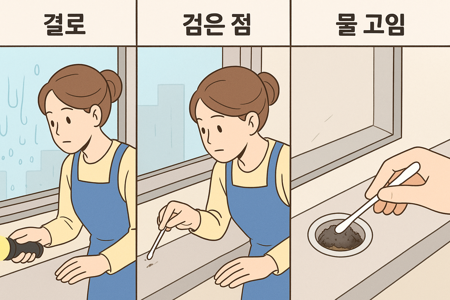 결로, 실리콘 오염, 배수구 먼지를 나누어 확인하는 창틀 점검 장면