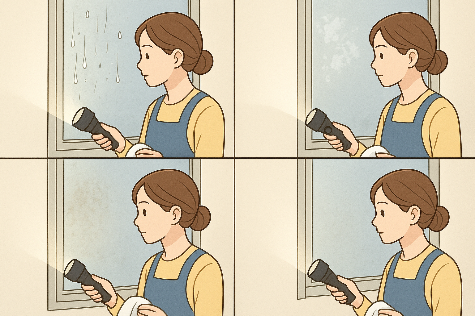 유리창 물방울 자국과 석회질 물때, 먼지 얼룩을 나누어 확인하는 장면
