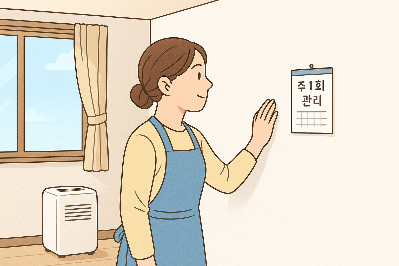 벽지 얼룩 제거 후 환기하며 벽면 상태를 확인하는 모습