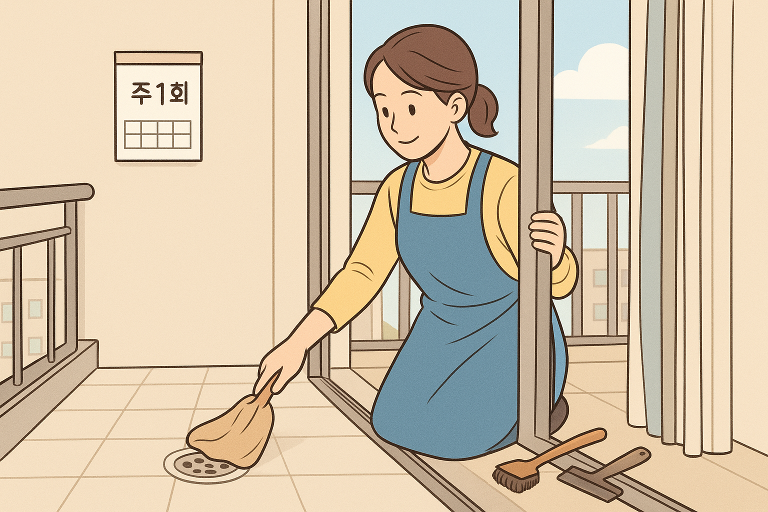 청소 후 베란다 바닥 물 고임과 배수구 주변을 마른 걸레로 확인하는 모습