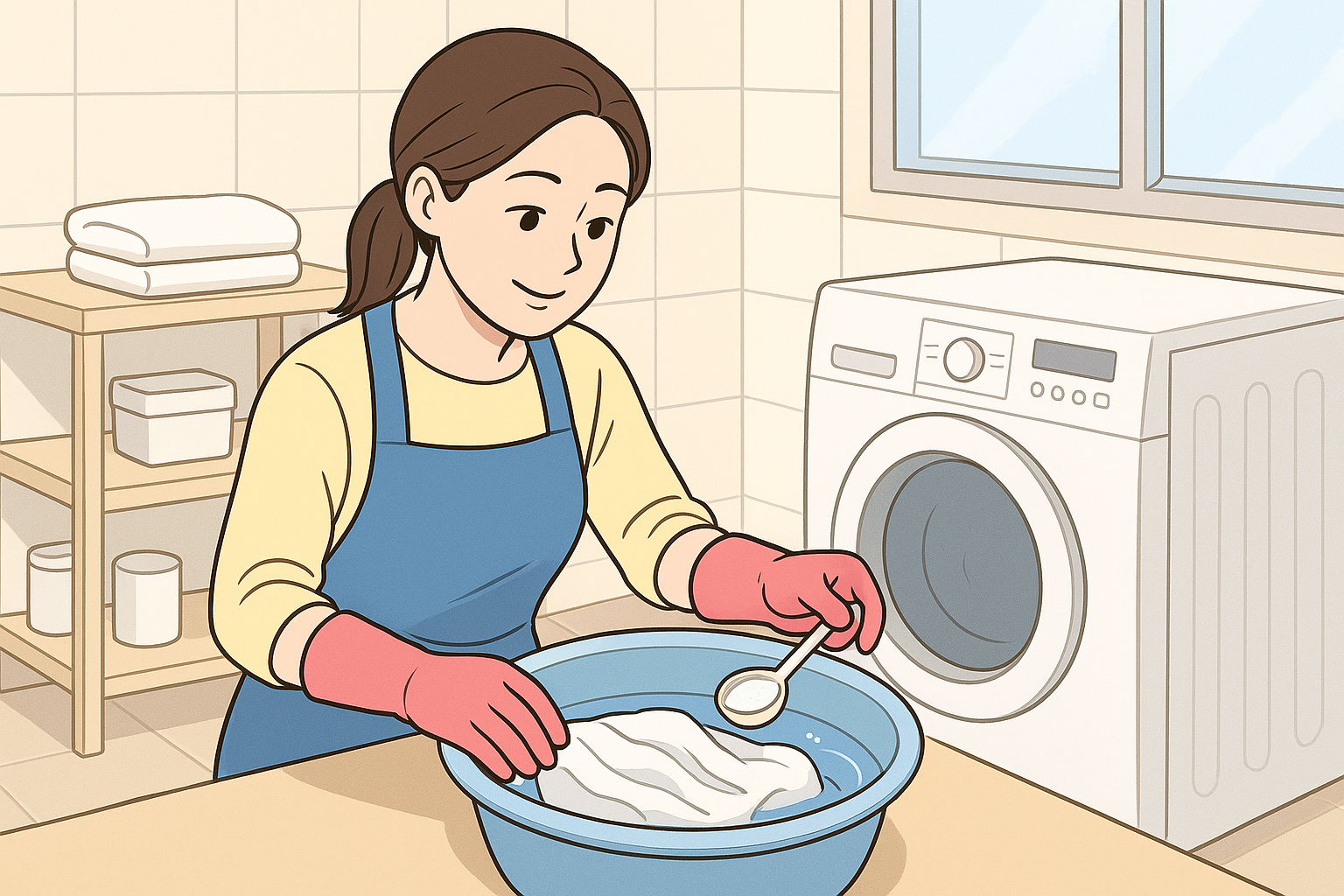 고무장갑을 낀 사람이 따뜻한 물과 산소계 표백제에 수건을 담그는 모습