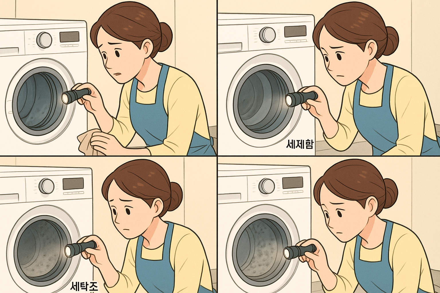 고무패킹 세제함 세탁조 배수필터의 냄새 원인을 나누어 확인하는 장면