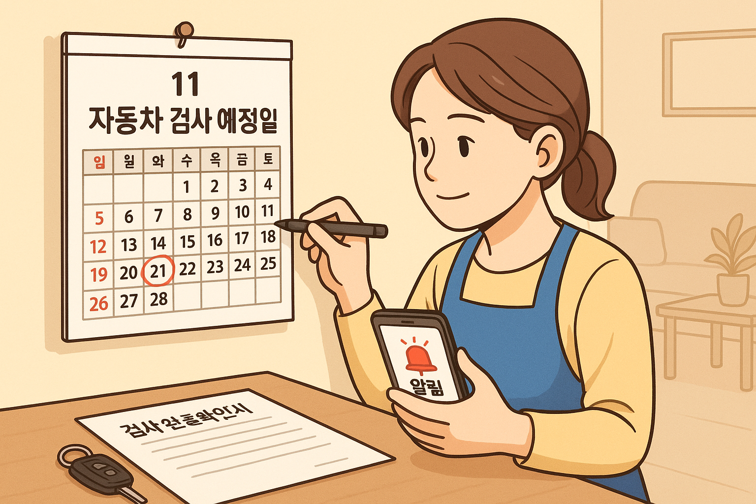 검사 완료 후 다음 검사일을 달력과 스마트폰에 표시하는 모습