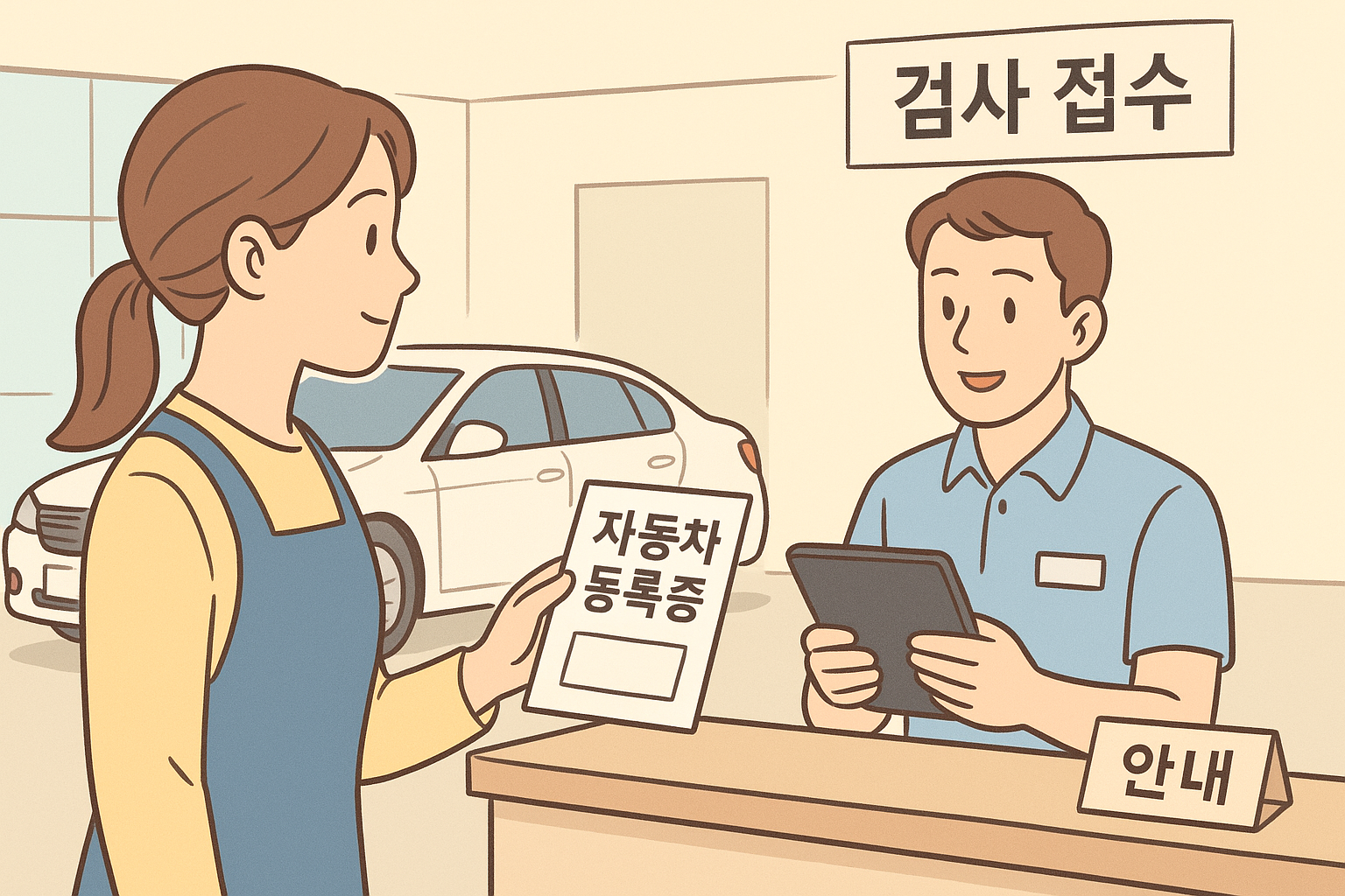 자동차 검사소 접수대에서 자동차등록증을 제시하고 검사를 접수하는 모습