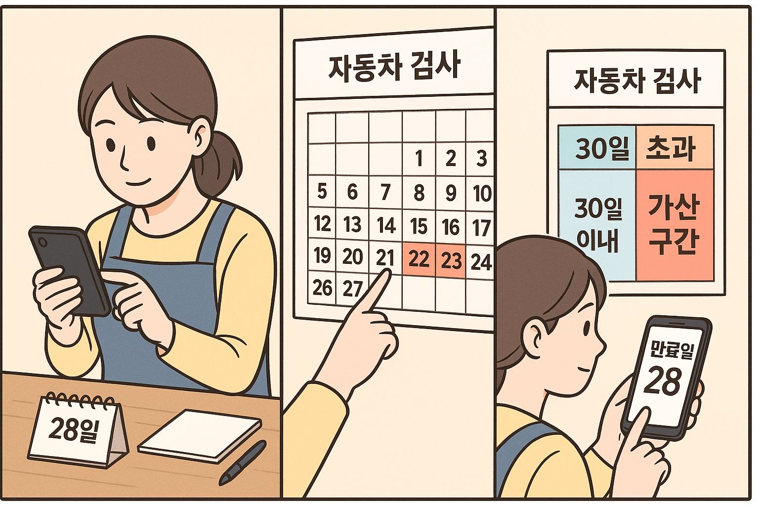 달력과 메모지로 자동차 검사 지연일수 구간을 나누어 확인하는 모습